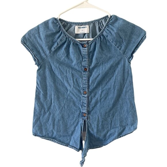 Old Navy Girls Medium Denim Button-Down Top With Tie-Front & Cap Sleeves - Picture 1 of 5